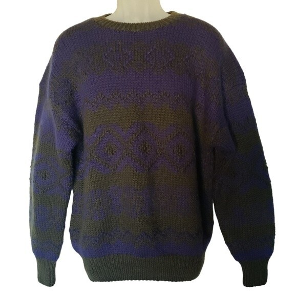 Vintage Claiborne Sweater Mens Size XL Wool Chunky Knitted By Hand Blue Green - Picture 7 of 9